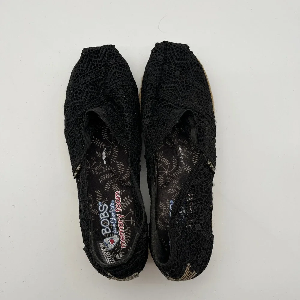 Skechers BOBS Highlights 2.0 Black Crochet Lace‎ Espadrille Flats Womens 8 34103